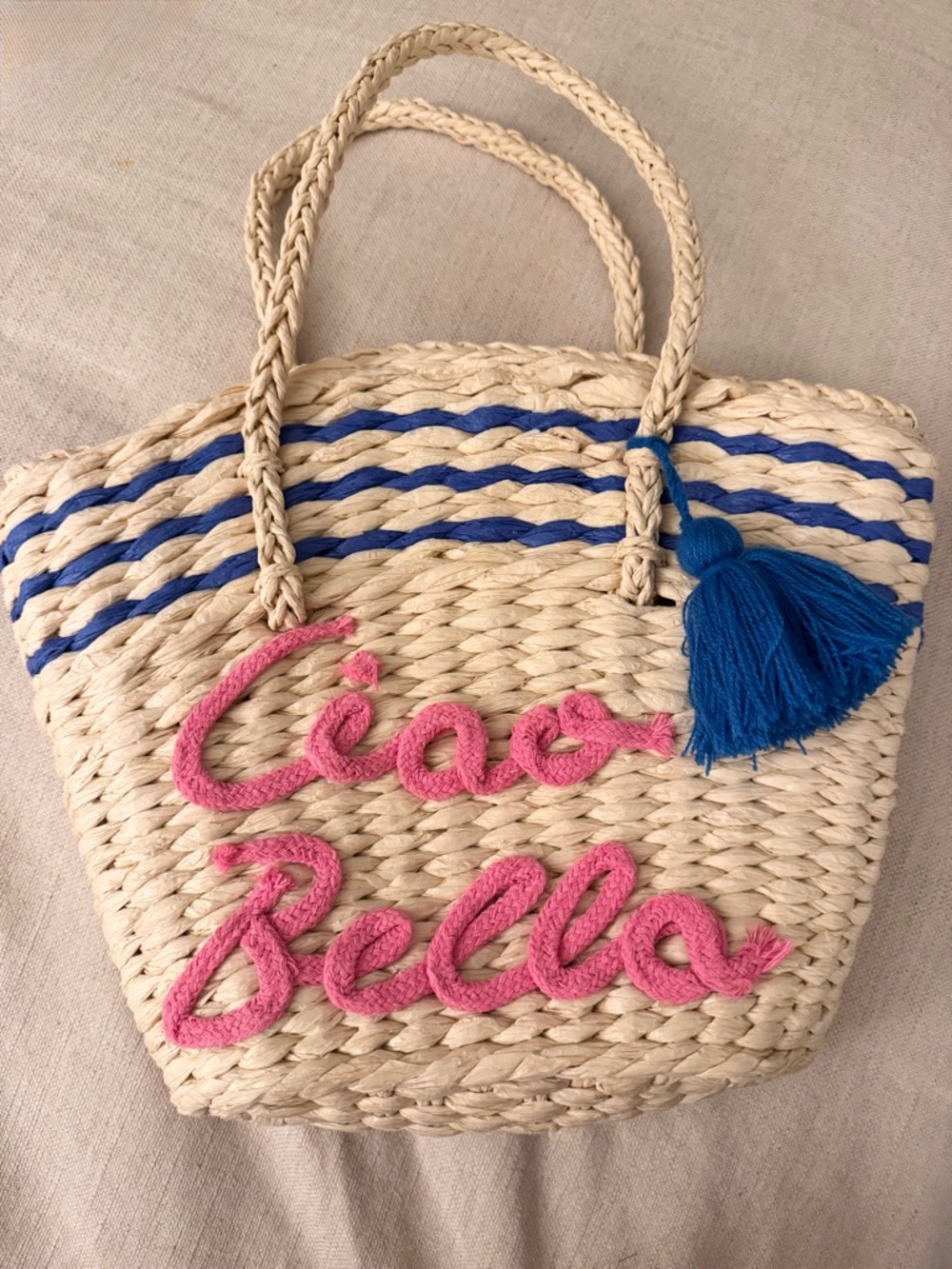 Ciao Bella Straw Woven Mini Tote / Purse 🌊 Pink & Blue Tassel Summer Bag - Picture 3 of 5
